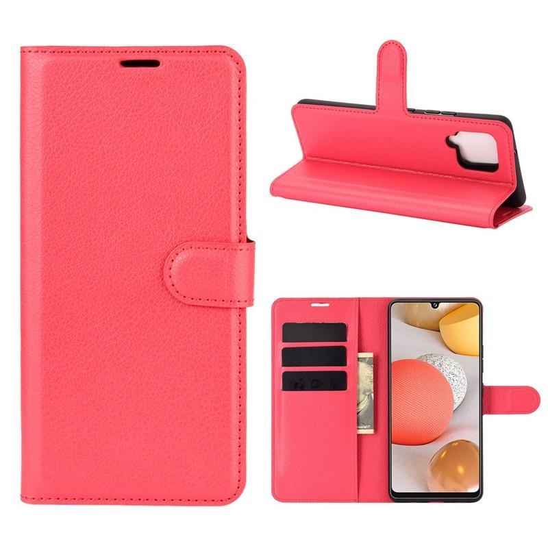 Litchi PU kožené peněženkové pouzdro na mobil Samsung Galaxy A42 5G - červené