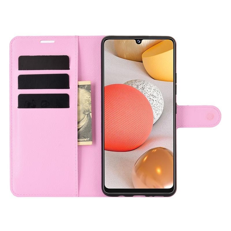 Litchi PU kožené peněženkové pouzdro na mobil Samsung Galaxy A42 5G - růžové