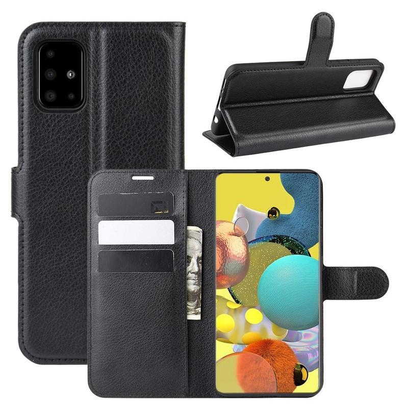 Litchi PU kožené peněženkové pouzdro na mobil Samsung Galaxy A51 5G - černé