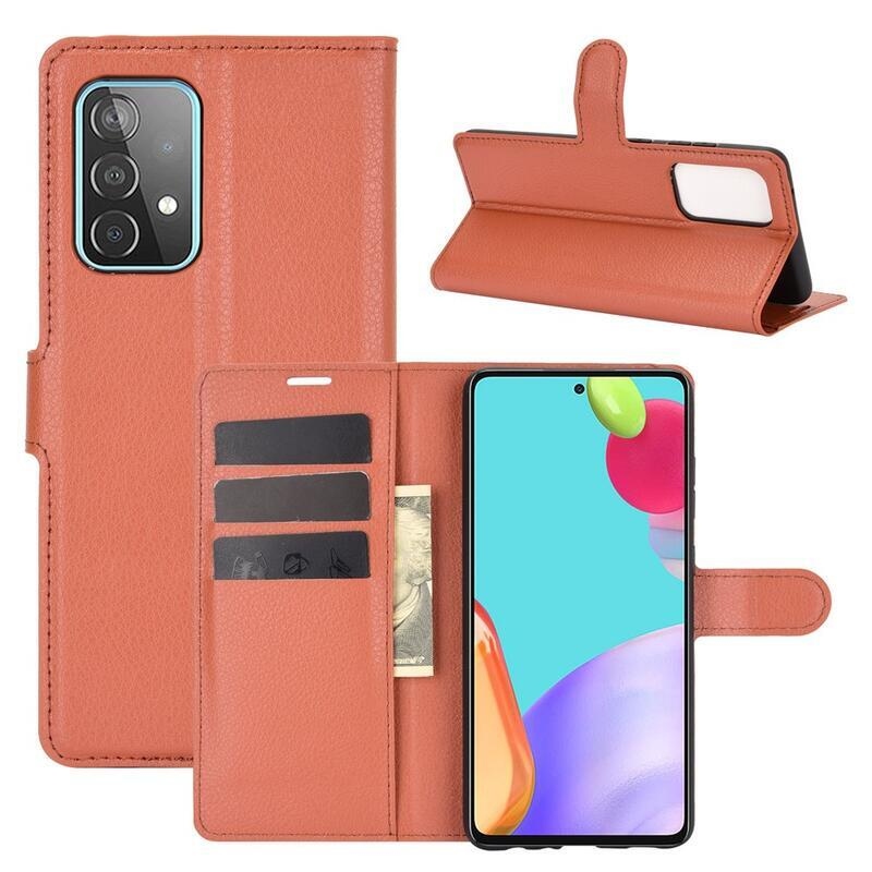 Litchi PU kožené peněženkové pouzdro na mobil Samsung Galaxy A52 5G/4G/A52s 5G - hnědé