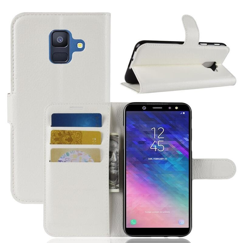 Litchi PU kožené peněženkové pouzdro na mobil Samsung Galaxy A6 (2018) - bílé