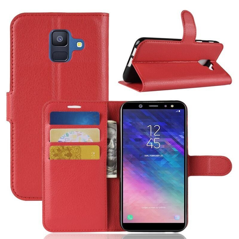 Litchi PU kožené peněženkové pouzdro na mobil Samsung Galaxy A6 (2018) - červené