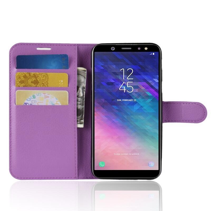 Litchi PU kožené peněženkové pouzdro na mobil Samsung Galaxy A6 (2018) - fialové