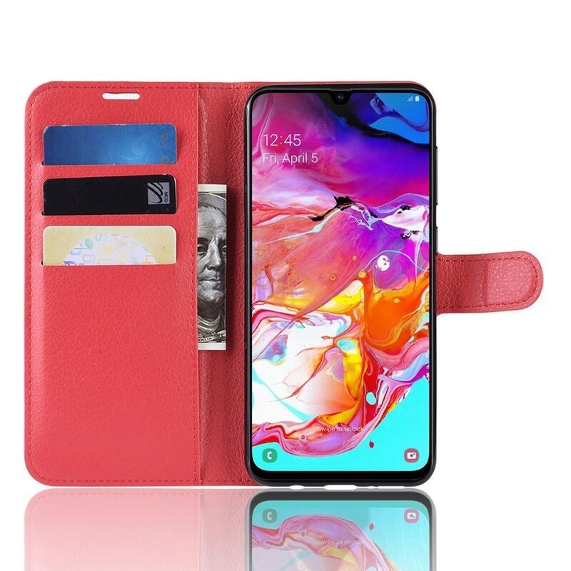 Litchi PU kožené peněženkové pouzdro na mobil Samsung Galaxy A70 - červené