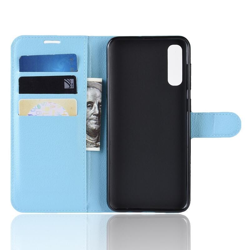 Litchi PU kožené peněženkové pouzdro na mobil Samsung Galaxy A70 - modré