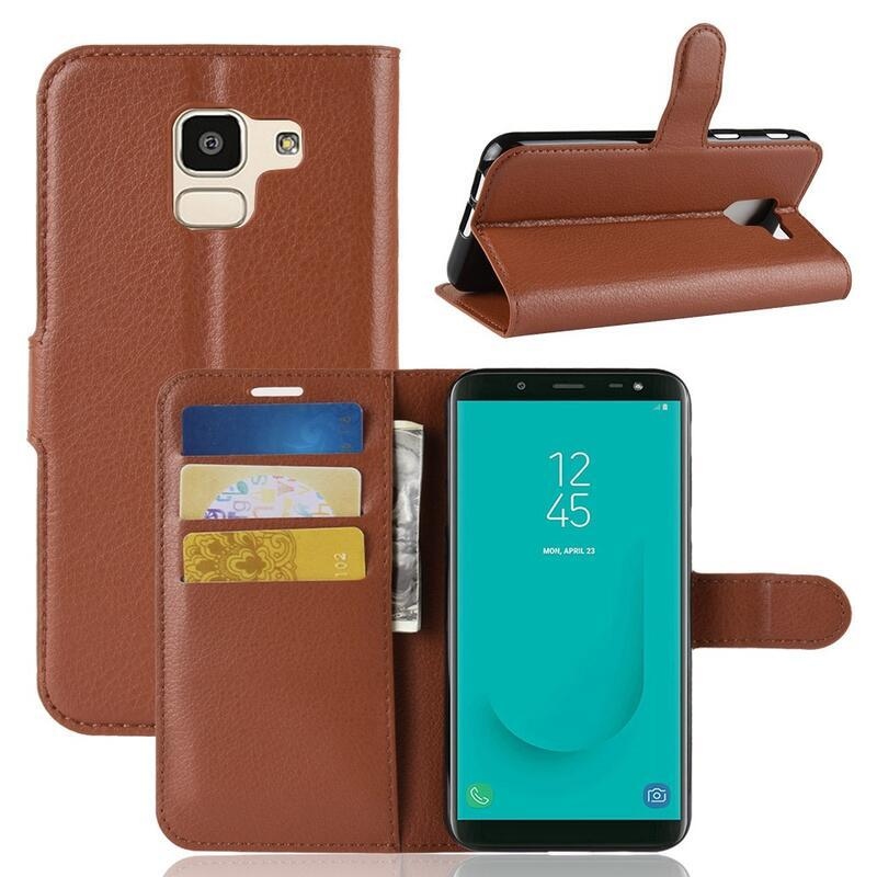 Litchi PU kožené peněženkové pouzdro na mobil Samsung Galaxy J6 (2018) - hnědé