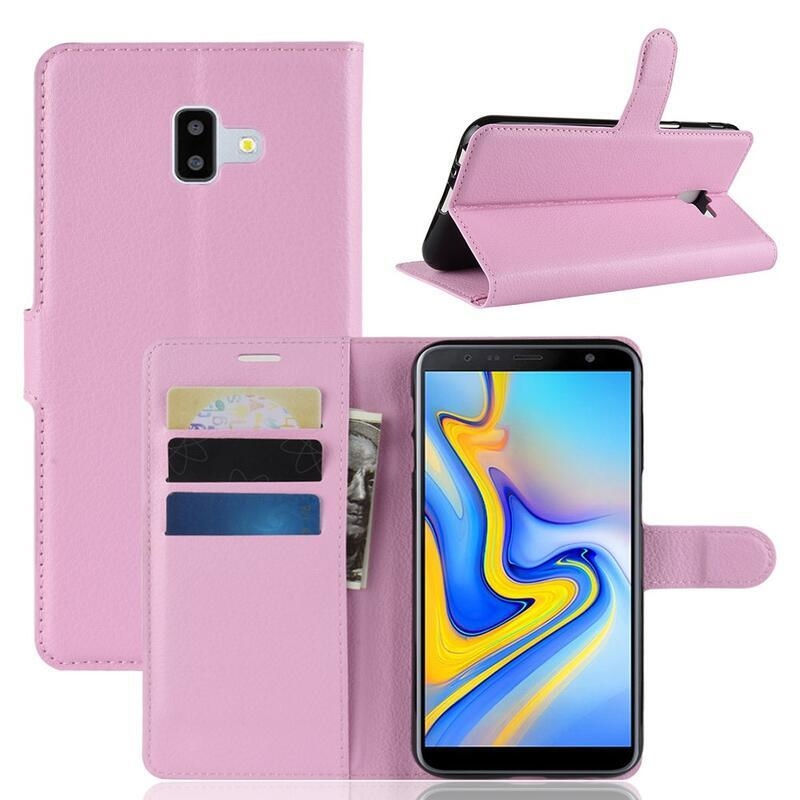 Litchi PU kožené peněženkové pouzdro na mobil Samsung Galaxy J6 Plus - růžové