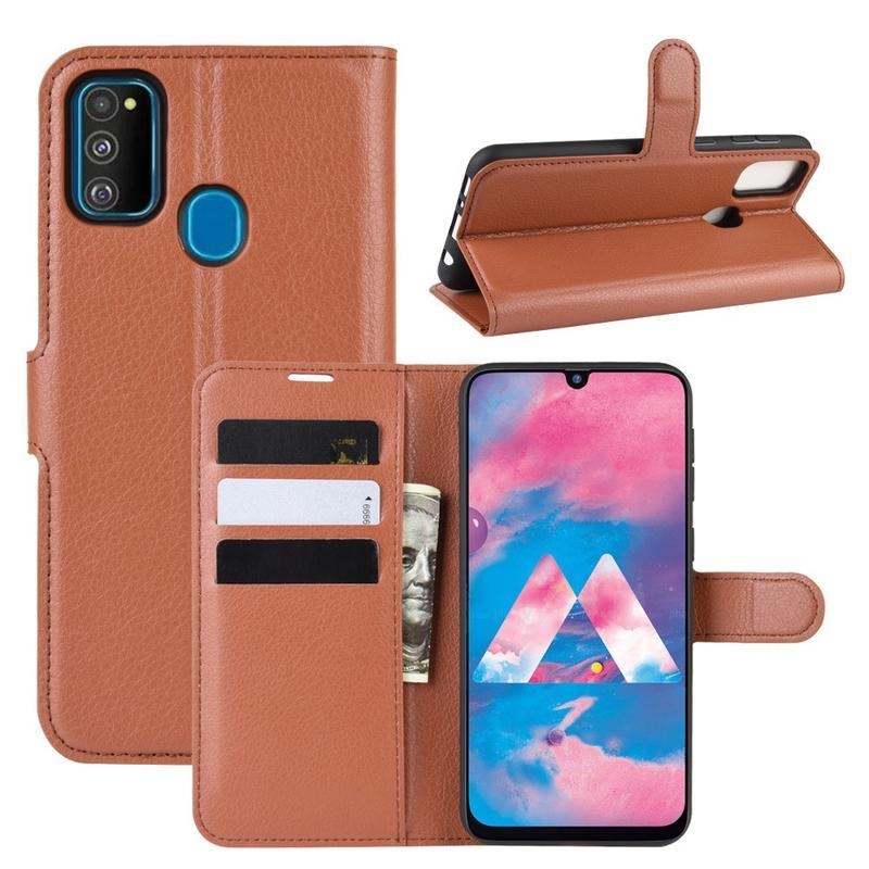 Litchi PU kožené peněženkové pouzdro na mobil Samsung Galaxy M21 - hnědé