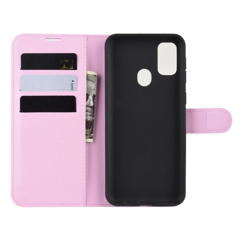 Litchi PU kožené peněženkové pouzdro na mobil Samsung Galaxy M21 - růžové