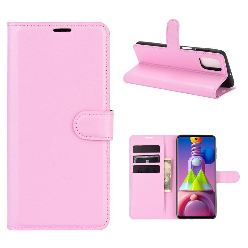 Litchi PU kožené peněženkové pouzdro na mobil Samsung Galaxy M51 - růžové