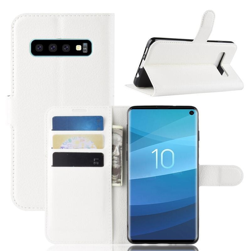 Litchi PU kožené peněženkové pouzdro na mobil Samsung Galaxy S10 - bílé