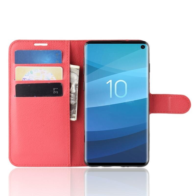 Litchi PU kožené peněženkové pouzdro na mobil Samsung Galaxy S10 - červené