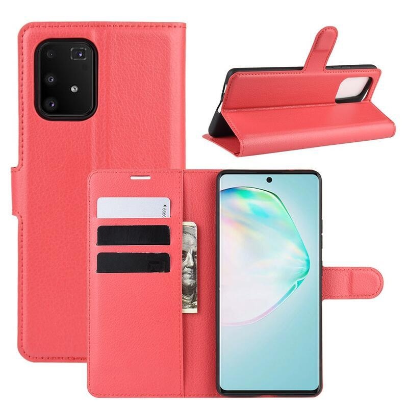 Litchi PU kožené peněženkové pouzdro na mobil Samsung Galaxy S10 Lite - červené