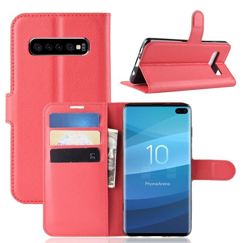 Litchi PU kožené peněženkové pouzdro na mobil Samsung Galaxy S10 plus - červené