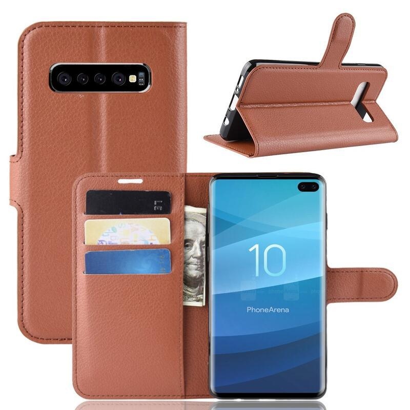 Litchi PU kožené peněženkové pouzdro na mobil Samsung Galaxy S10 plus - hnědé