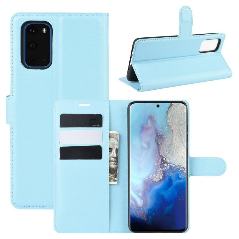 Litchi PU kožené peněženkové pouzdro na mobil Samsung Galaxy S20 - modré