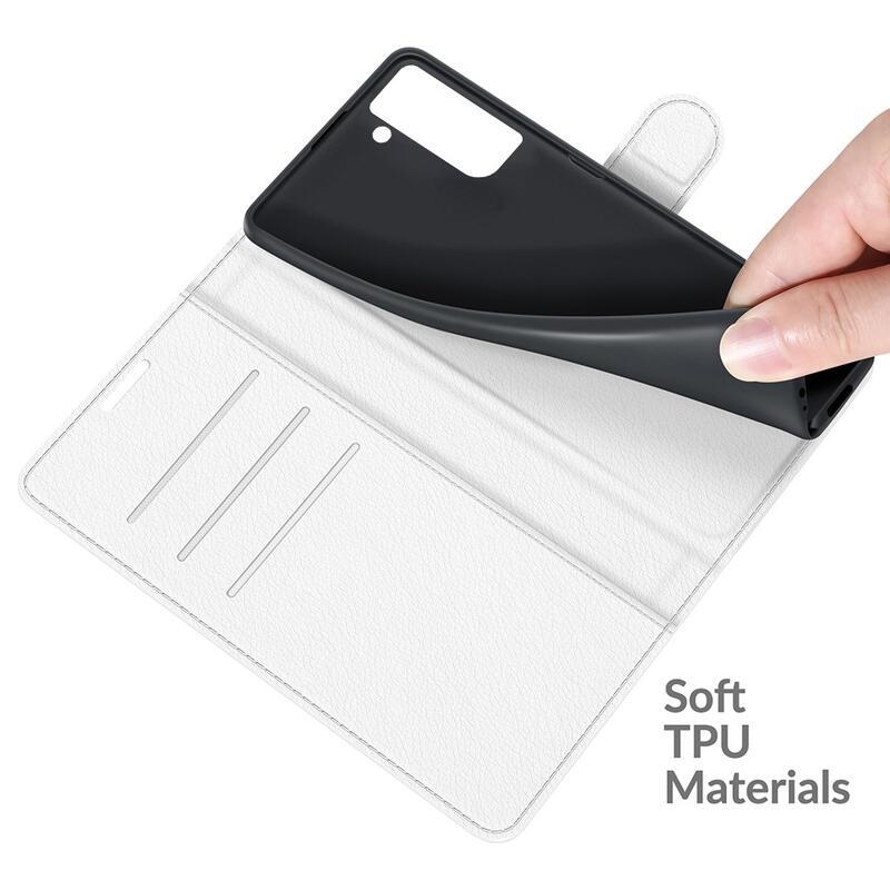 Litchi PU kožené peněženkové pouzdro na mobil Samsung Galaxy S21 FE 5G - bílé