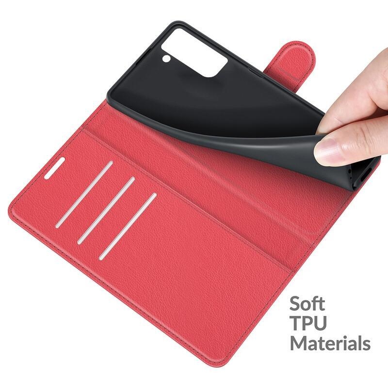 Litchi PU kožené peněženkové pouzdro na mobil Samsung Galaxy S21 FE 5G - červené