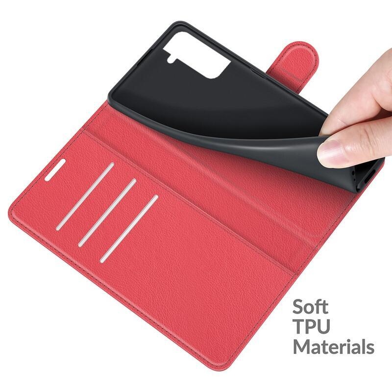 Litchi PU kožené peněženkové pouzdro na mobil Samsung Galaxy S22 5G - červené