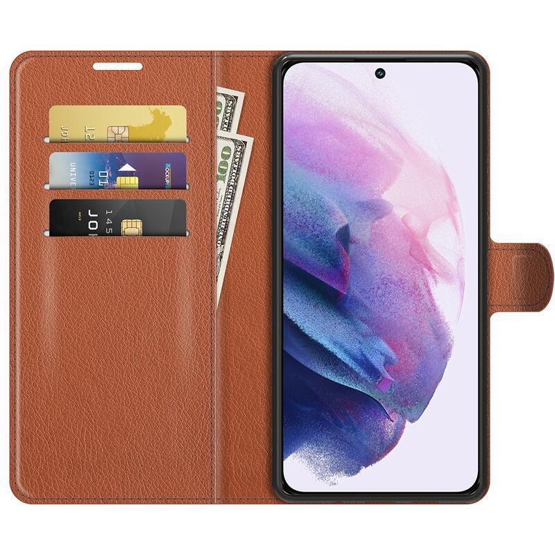 Litchi PU kožené peněženkové pouzdro na mobil Samsung Galaxy S22 5G - hnědé
