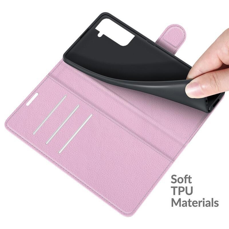 Litchi PU kožené peněženkové pouzdro na mobil Samsung Galaxy S22+ 5G - růžové