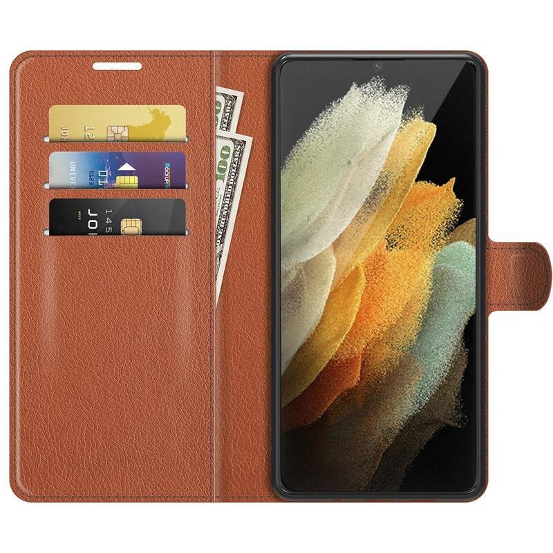 Litchi PU kožené peněženkové pouzdro na mobil Samsung Galaxy S22 Ultra 5G - hnědé