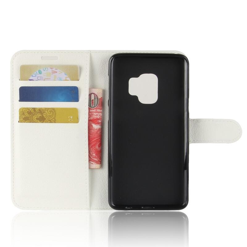 Litchi PU kožené peněženkové pouzdro na mobil Samsung Galaxy S9 - bílé