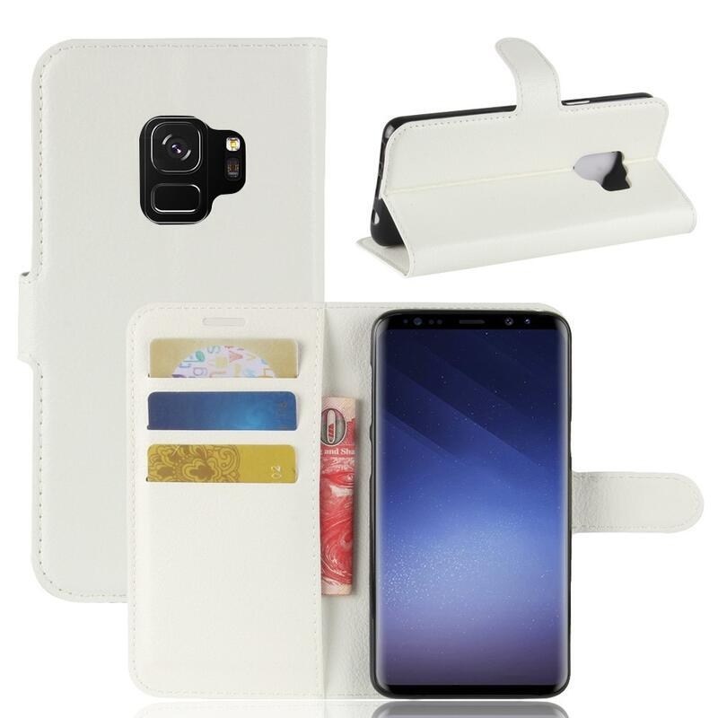 Litchi PU kožené peněženkové pouzdro na mobil Samsung Galaxy S9 - bílé