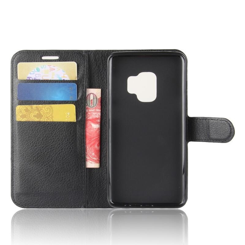 Litchi PU kožené peněženkové pouzdro na mobil Samsung Galaxy S9 - černé