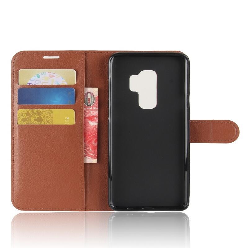 Litchi PU kožené peněženkové pouzdro na mobil Samsung Galaxy S9+ - hnědé
