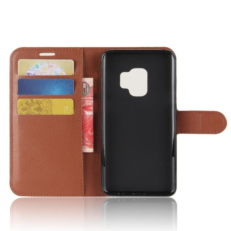 Litchi PU kožené peněženkové pouzdro na mobil Samsung Galaxy S9 - hnědé