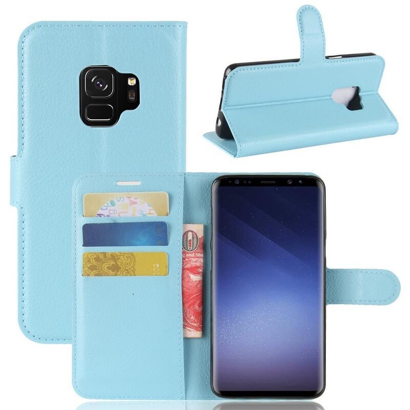 Litchi PU kožené peněženkové pouzdro na mobil Samsung Galaxy S9 - modré