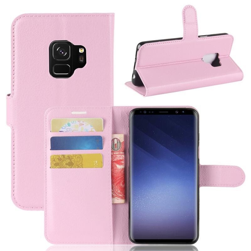 Litchi PU kožené peněženkové pouzdro na mobil Samsung Galaxy S9 - růžové