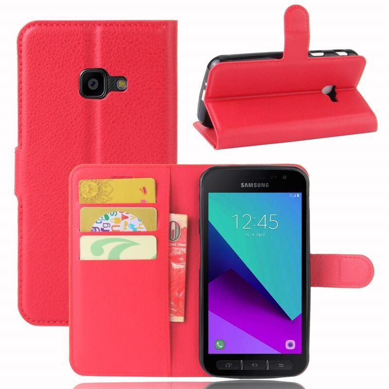 Litchi PU kožené peněženkové pouzdro na mobil Samsung Galaxy Xcover 4/4S - červené