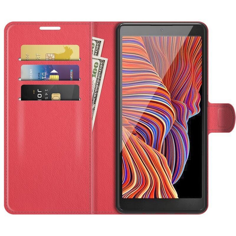 Litchi PU kožené peněženkové pouzdro na mobil Samsung Galaxy Xcover 5 - červené