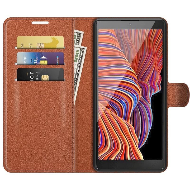 Litchi PU kožené peněženkové pouzdro na mobil Samsung Galaxy Xcover 5 - hnědé
