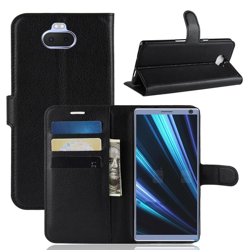 Litchi PU kožené peněženkové pouzdro na mobil Sony Xperia 10 - černé