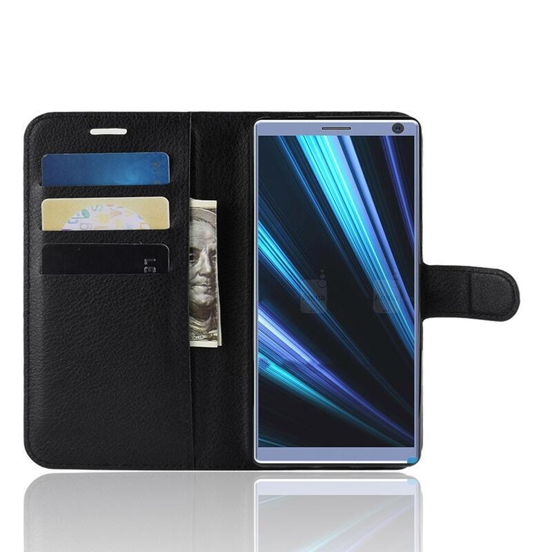 Litchi PU kožené peněženkové pouzdro na mobil Sony Xperia 10 - černé