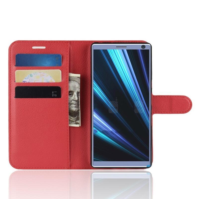 Litchi PU kožené peněženkové pouzdro na mobil Sony Xperia 10 - červené
