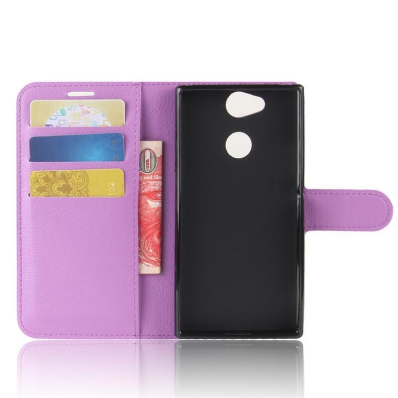 Litchi PU kožené peněženkové pouzdro na mobil Sony Xperia XA2 - fialové