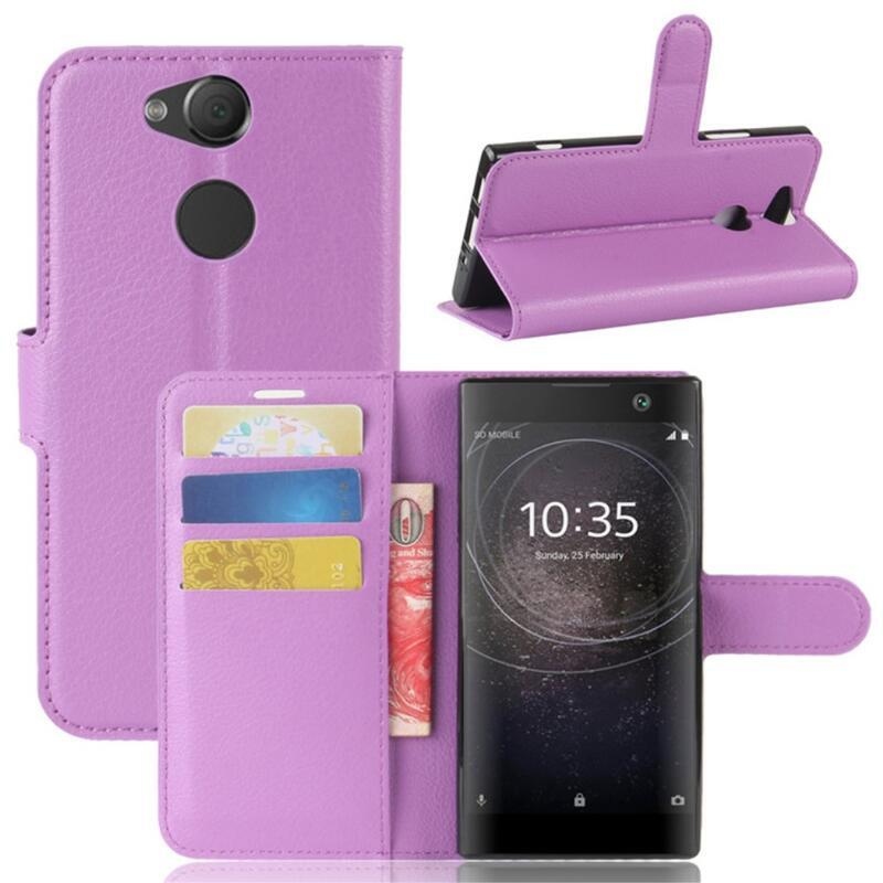 Litchi PU kožené peněženkové pouzdro na mobil Sony Xperia XA2 - fialové