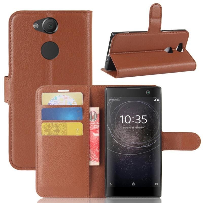 Litchi PU kožené peněženkové pouzdro na mobil Sony Xperia XA2 - hnědé