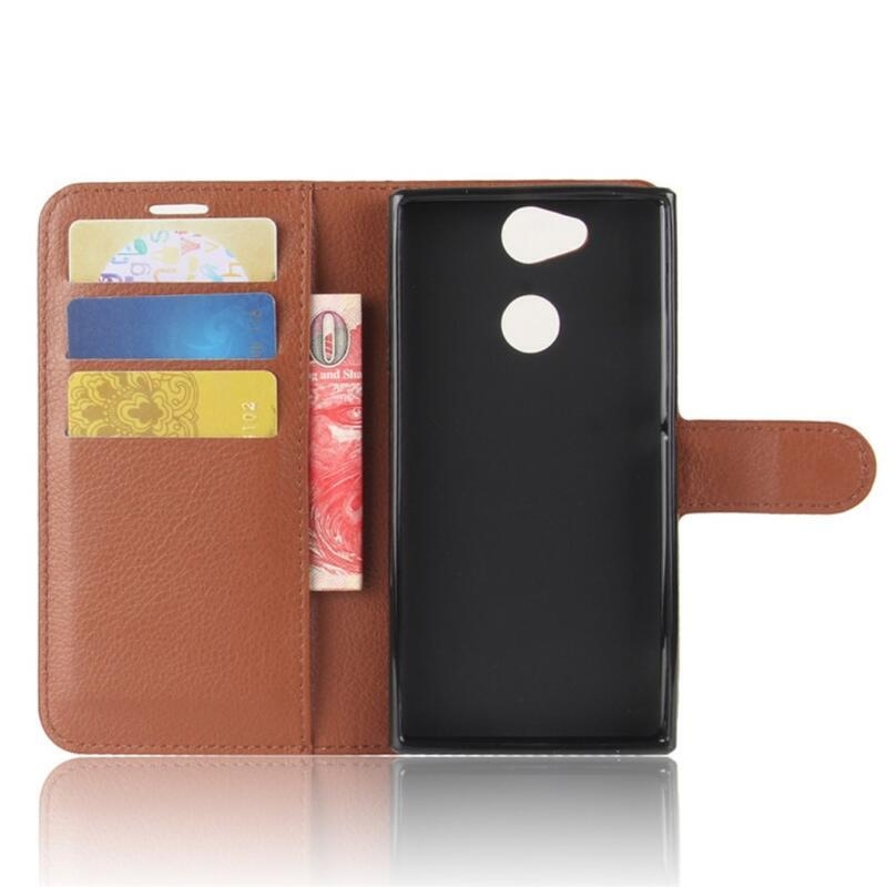 Litchi PU kožené peněženkové pouzdro na mobil Sony Xperia XA2 - hnědé