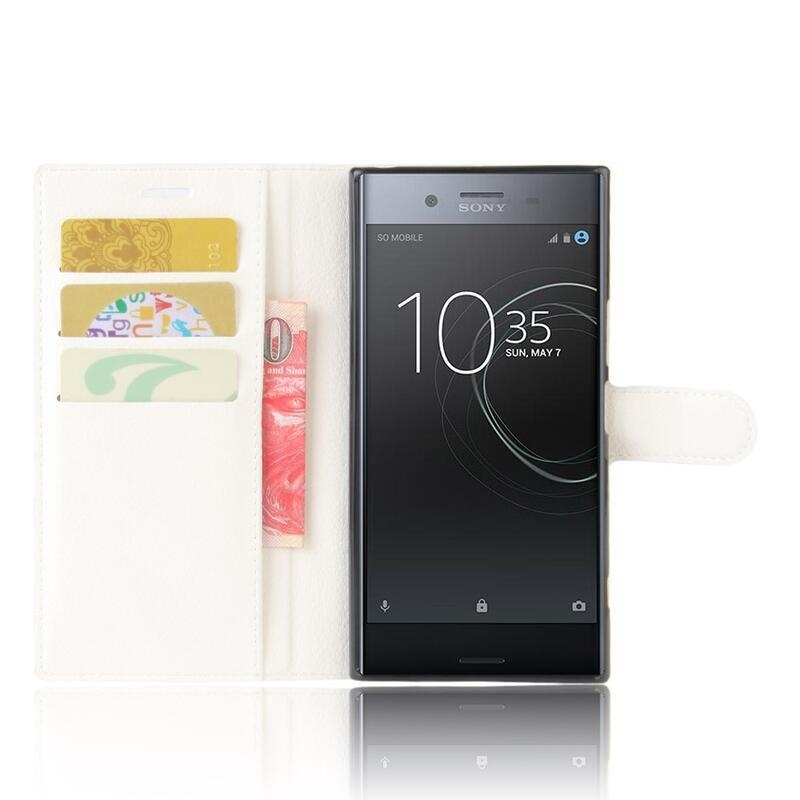 Litchi PU kožené peněženkové pouzdro na mobil Sony Xperia XZ Premium - bílé