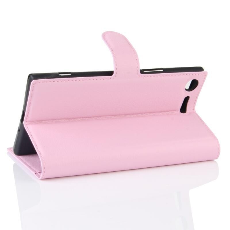 Litchi PU kožené peněženkové pouzdro na mobil Sony Xperia XZ Premium - růžové