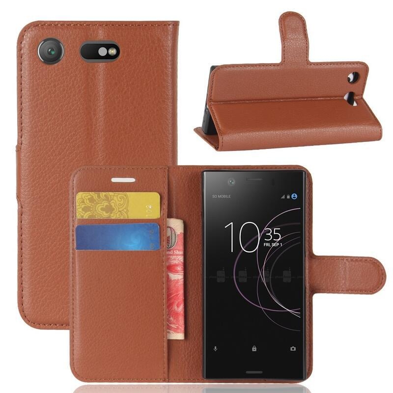 Litchi PU kožené peněženkové pouzdro na mobil Sony Xperia XZ1 Compact - hnědé