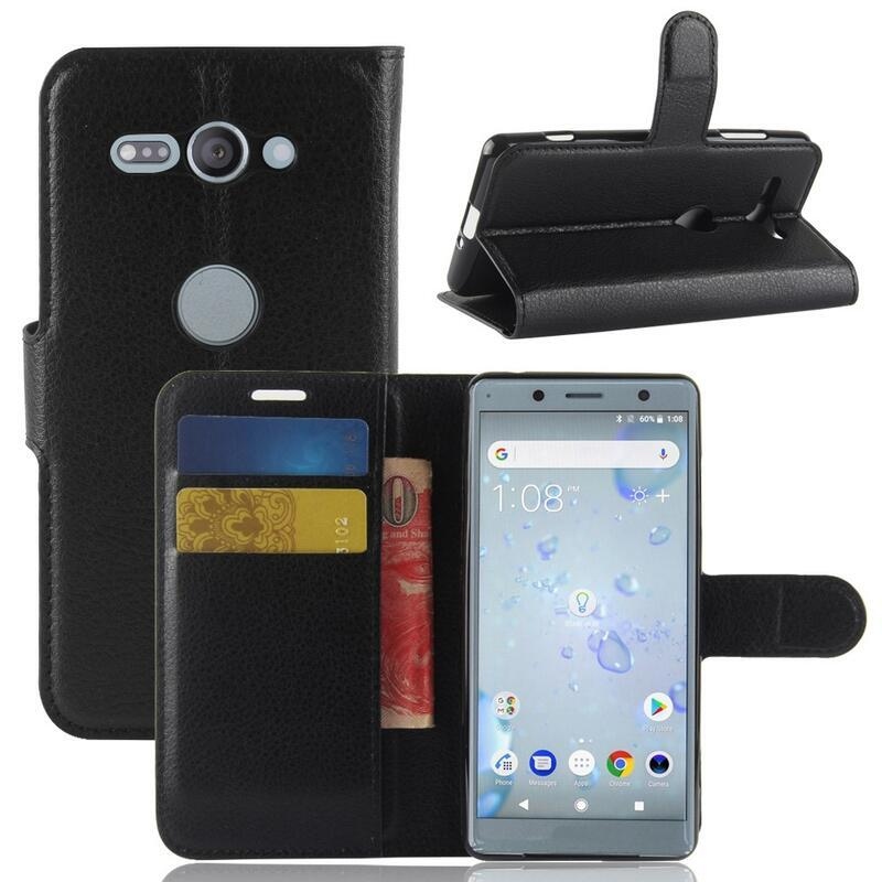 Litchi PU kožené peněženkové pouzdro na mobil Sony Xperia XZ2 Compact - černé