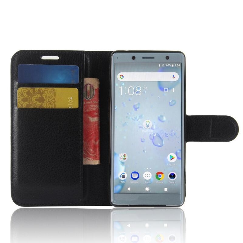 Litchi PU kožené peněženkové pouzdro na mobil Sony Xperia XZ2 Compact - černé