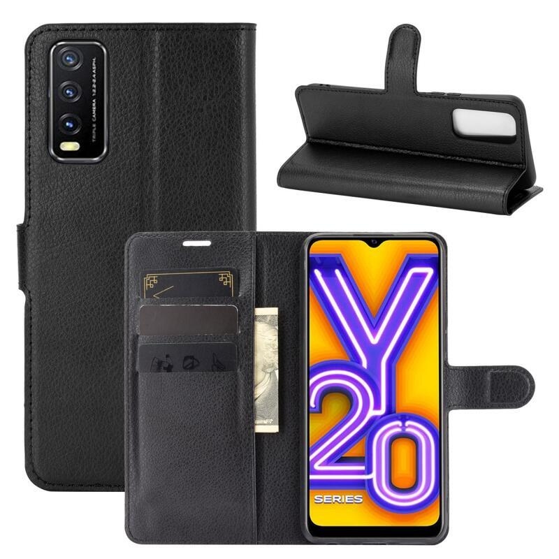 Litchi PU kožené peněženkové pouzdro na mobil Vivo Y20s/Y11s - černé