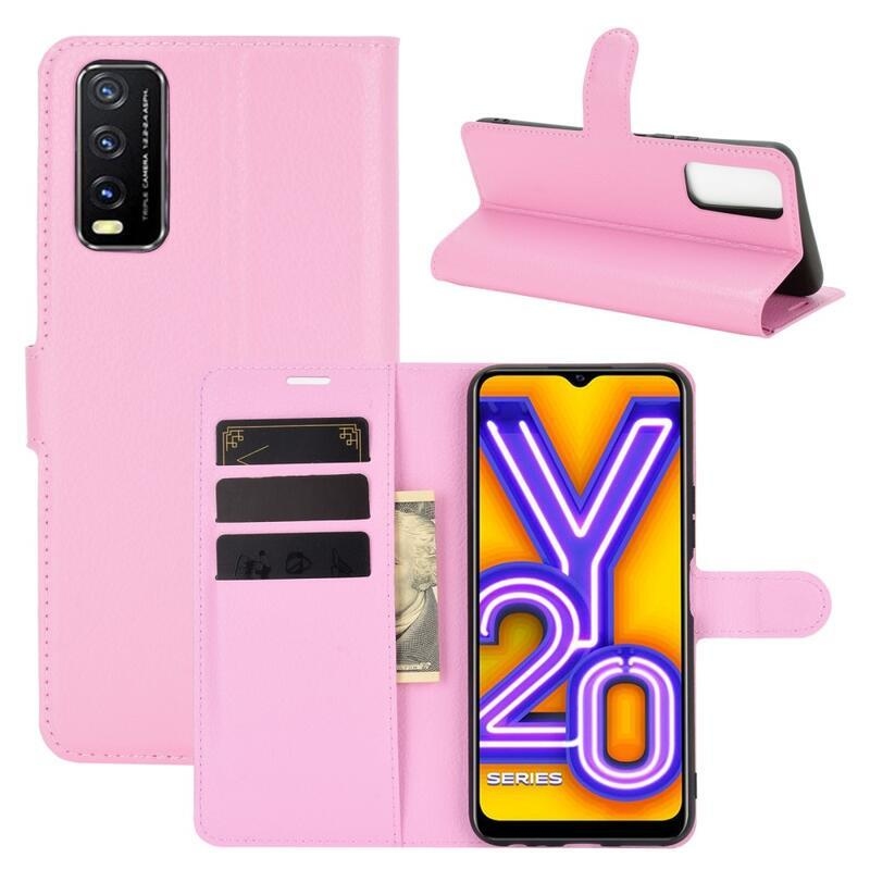 Litchi PU kožené peněženkové pouzdro na mobil Vivo Y20s/Y11s - růžové